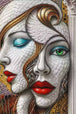 Diamond Painting mit zwei abstrakten Frauengesichtern, roten Lippen und mosaikartigen Strukturen, Mockup, Pixelvorschau
