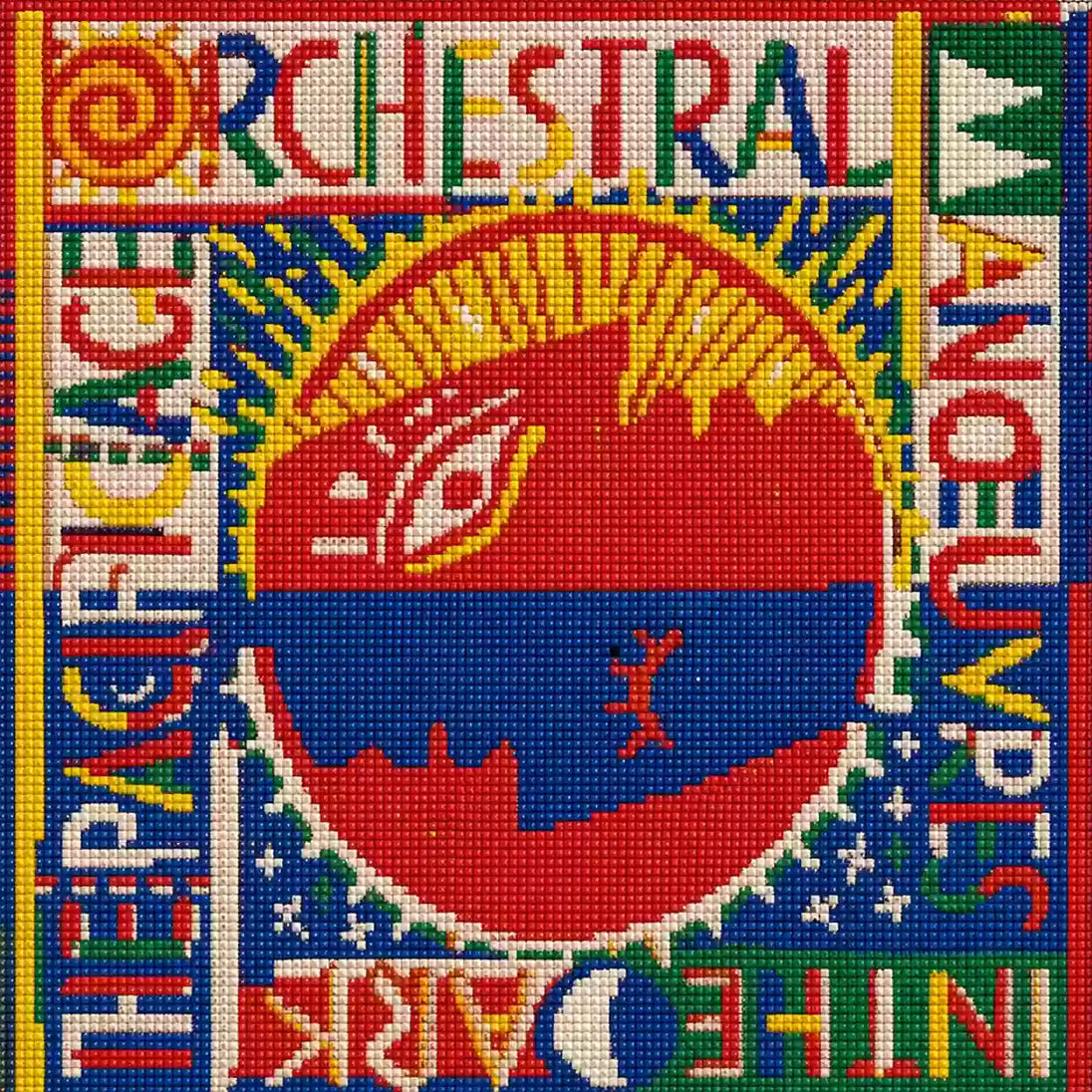 Diamond Painting mit abstraktem Gesicht im Sonnenkreis und farbenfroher grafischer Typografie Mockup Pixelvorschau
