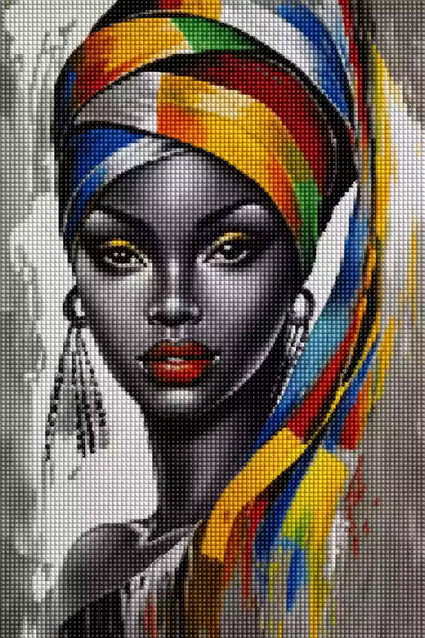 Diamond Painting einer afrikanischen Frau mit buntem Turban Mock up