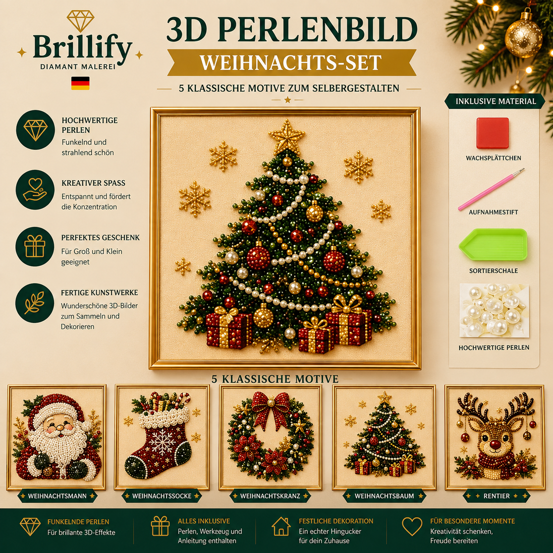 Diamond Painting Perlenset Weihnachtsset mit Weihnachtsbaum, Weihnachtsmann, Socke, Kranz, Rentier, Eisenbahn, Schneehütte, Marktplatz