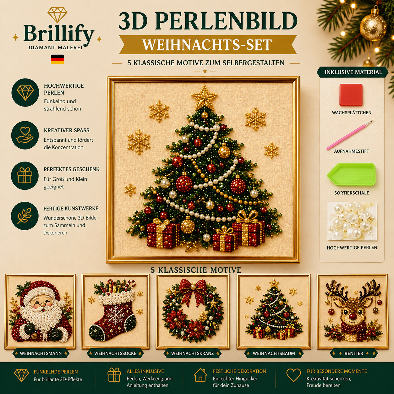 Diamond Painting Perlenset Weihnachtsset mit Weihnachtsbaum, Weihnachtsmann, Socke, Kranz, Rentier, Eisenbahn, Schneehütte, Marktplatz