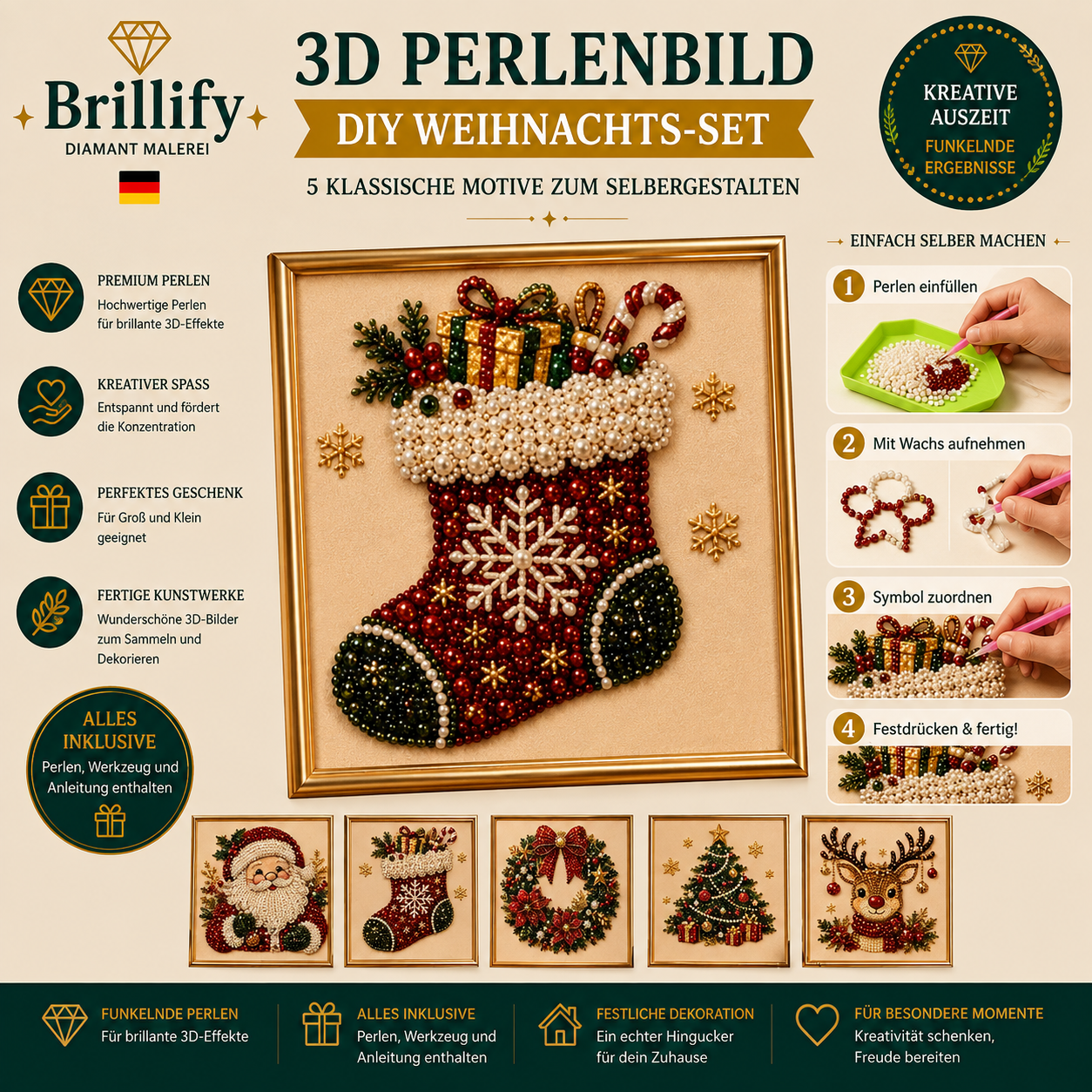 Diamond Painting Perlenset Weihnachtsset mit Weihnachtssocke und Zubehör und Anleitung