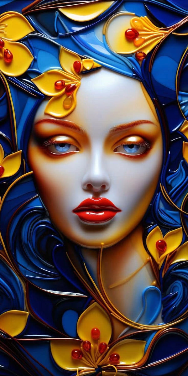 Diamond Painting mit Frauenporträt, blauen Haarornamenten, gelben Blüten, hellblauen Augen und roten Lippen