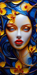 Diamond Painting mit Frauenporträt, blauen Haarornamenten, gelben Blüten, hellblauen Augen und roten Lippen