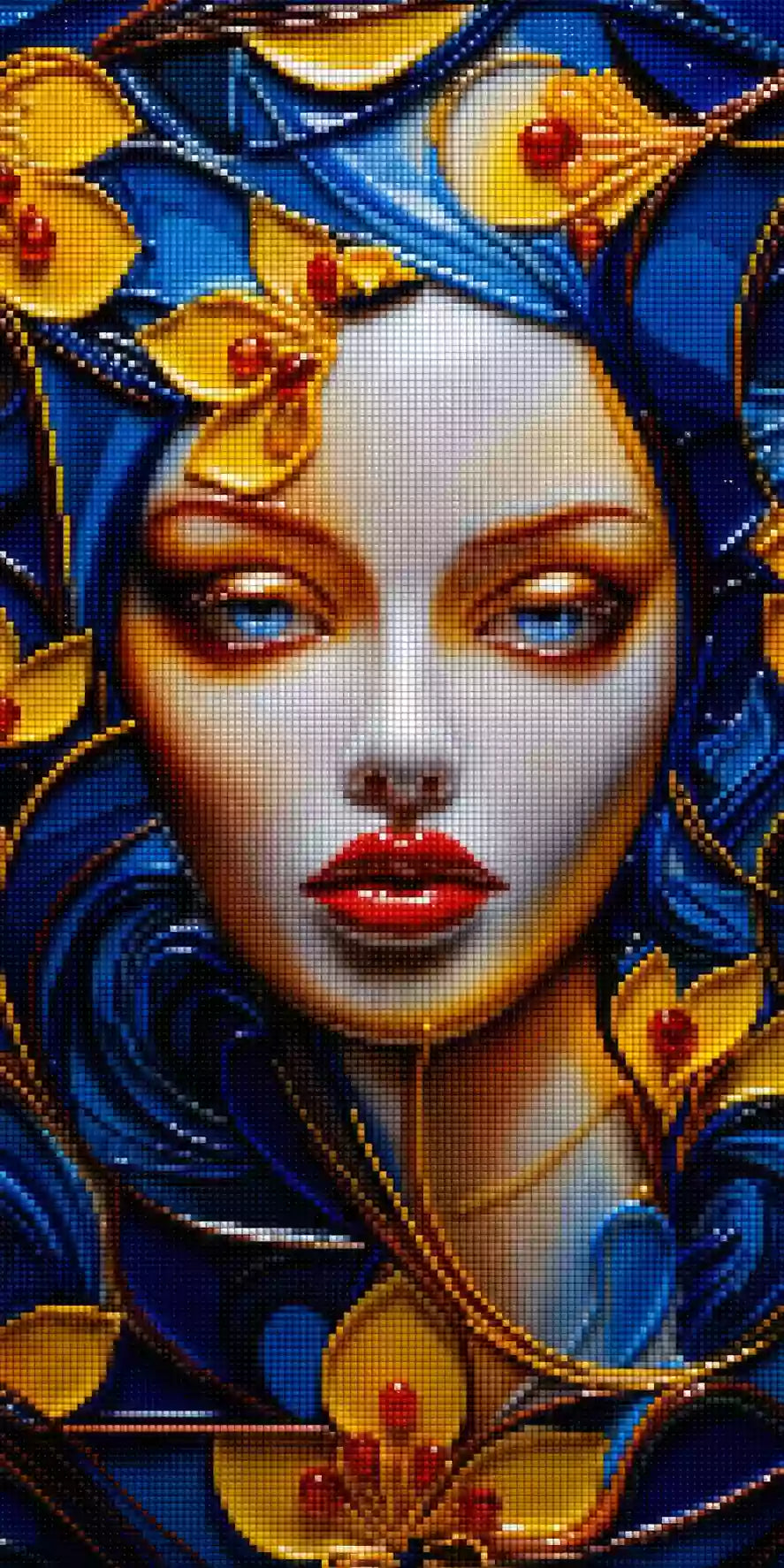 Diamond Painting mit Frauenporträt, blauen Haarornamenten, gelben Blüten, hellblauen Augen und roten Lippen Mockup Pixelvorschau