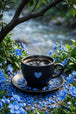 Diamond Painting mit schwarzer Kaffeetasse, blauem Herz, blauen Blumen und Fluss