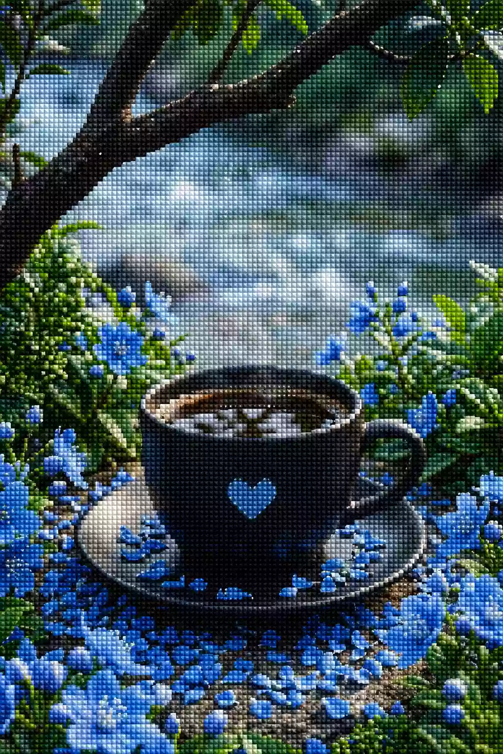 Diamond Painting mit schwarzer Kaffeetasse, blauem Herz, blauen Blumen und Fluss, Mockup, Pixelvorschau