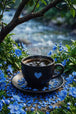 Diamond Painting mit schwarzer Kaffeetasse, blauem Herz, blauen Blumen und Fluss, Mockup, Pixelvorschau