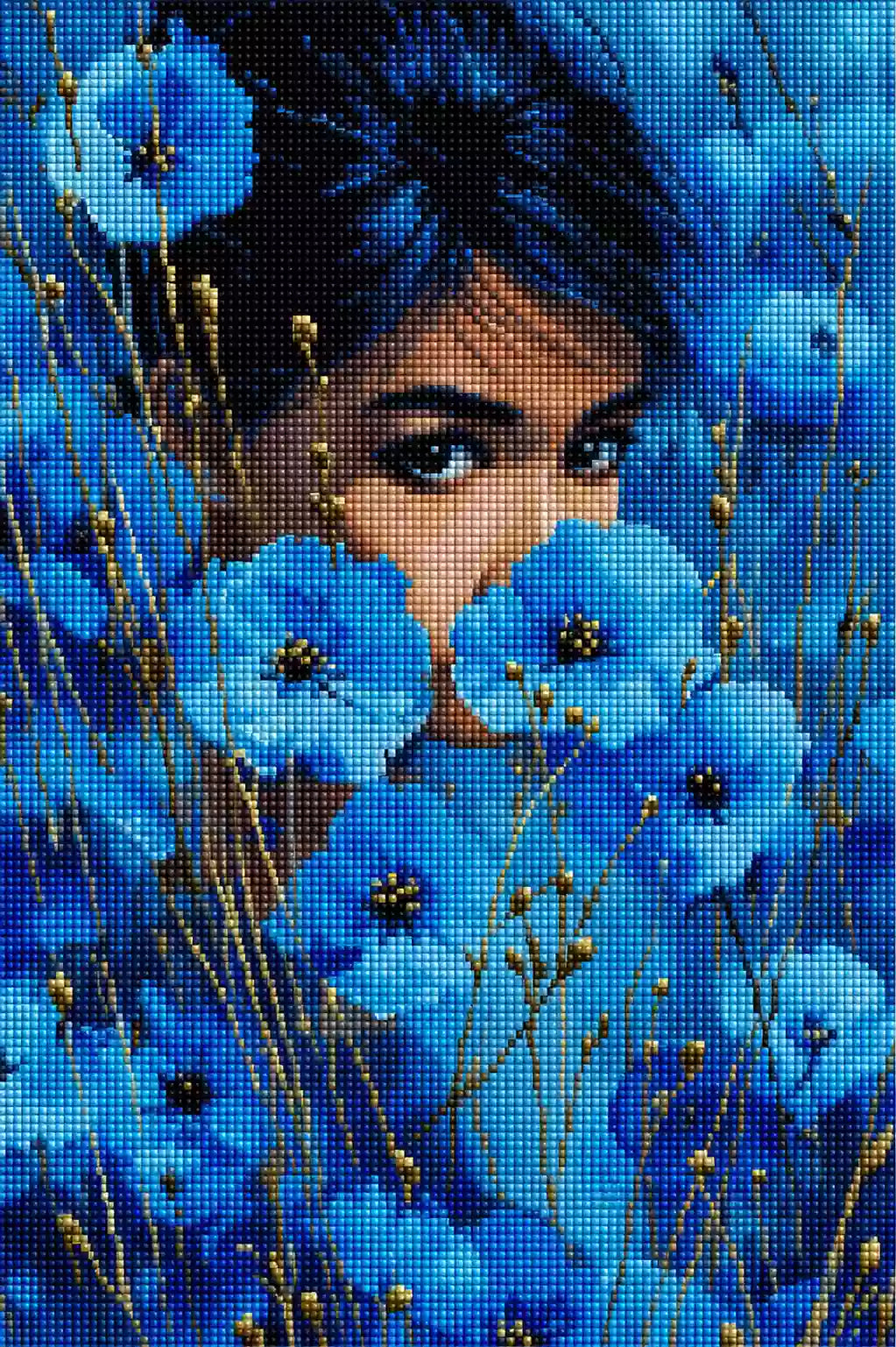 Diamond Painting blaue Mohnfrau mit intensivem Blick und floraler Kulisse Mockup