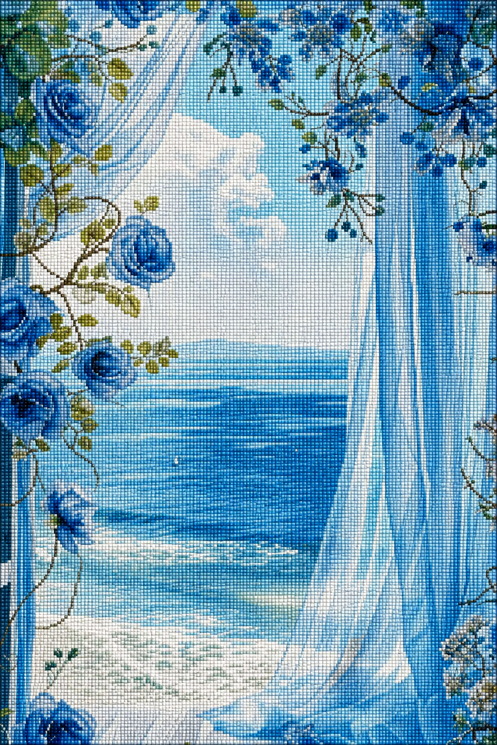 Diamond Painting mit blauen Rosen, weißen Vorhängen und offenem Fenster zum türkisfarbenen Meer Mockup
