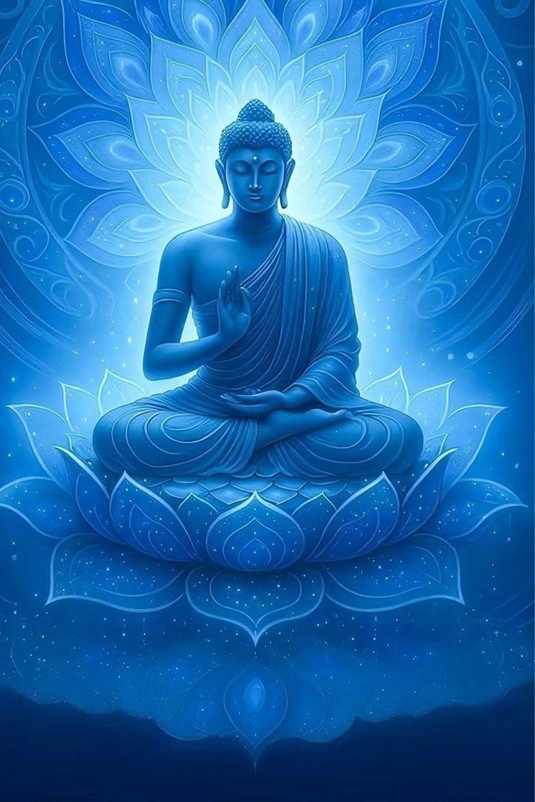 Diamond Painting mit blauem Buddha auf Lotusblüte vor einem leuchtenden Mandala