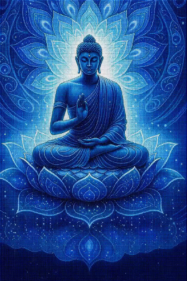 Diamond Painting mit blauem Buddha auf Lotusblüte vor einem leuchtenden Mandala, Mockup, Pixelvorschau