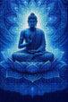 Diamond Painting mit blauem Buddha auf Lotusblüte vor einem leuchtenden Mandala, Mockup, Pixelvorschau