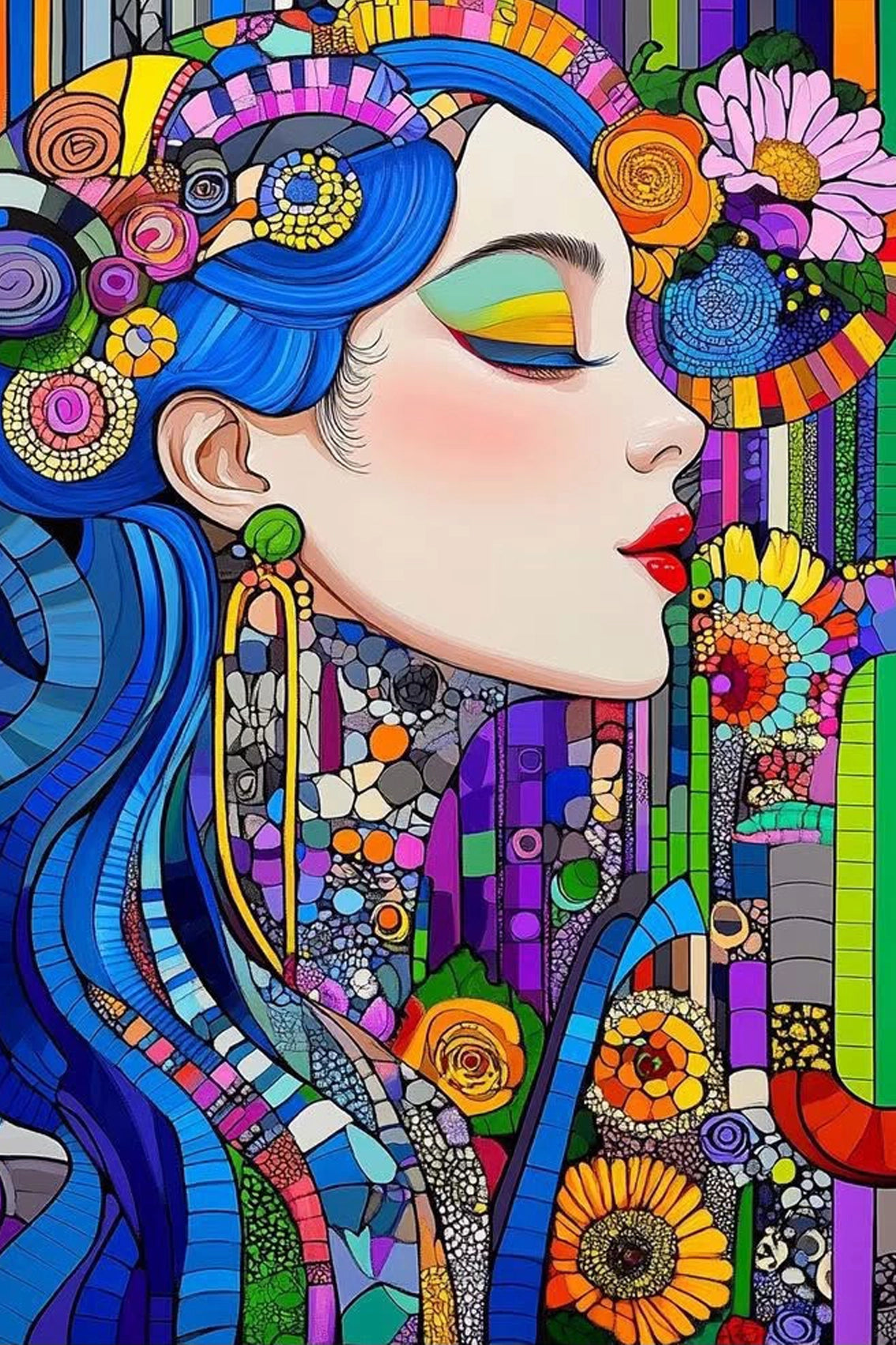 Diamond Painting mit blauhaariger Frau, roten Lippen, Blumen und bunten Mosaikmustern
