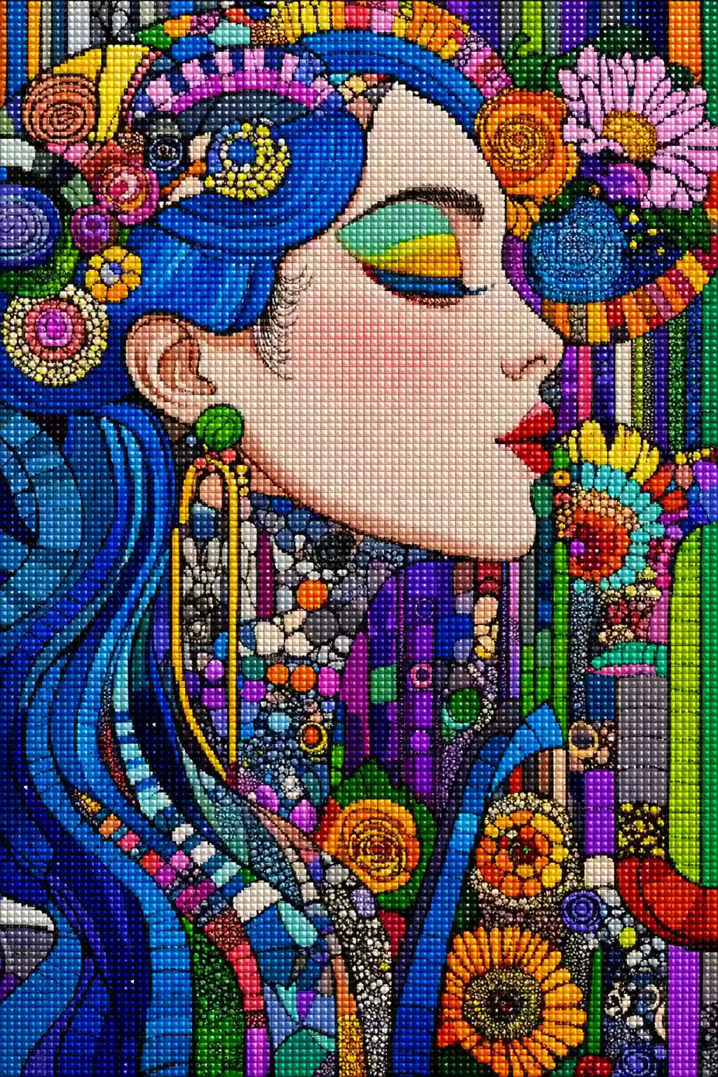 Diamond Painting mit blauhaariger Frau, roten Lippen, Blumen und bunten Mosaikmustern, Mockup, Pixelvorschau