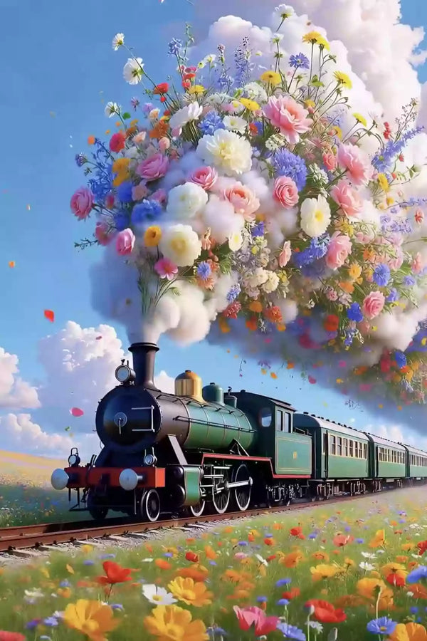 Diamond Painting mit grüner Dampflok, bunter Blumenwiese und großer Blütenwolke unter blauem Himmel