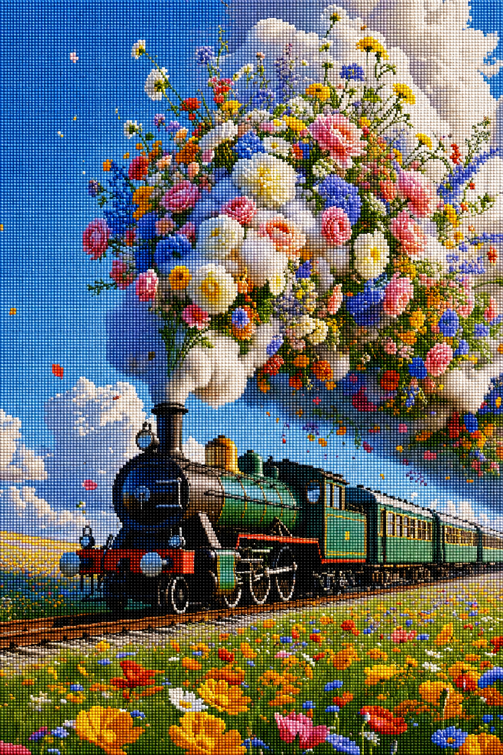 Diamond Painting mit grüner Dampflok, bunter Blumenwiese und großer Blütenwolke unter blauem Himmel Mock up