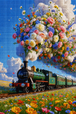 Diamond Painting mit grüner Dampflok, bunter Blumenwiese und großer Blütenwolke unter blauem Himmel Mock up