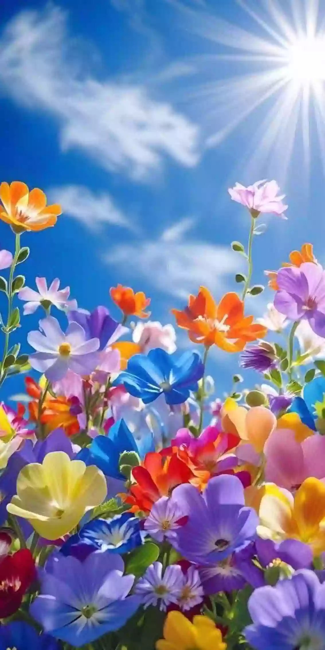 Bunte Blumenwiese unter strahlend blauem Himmel als Diamond Painting.