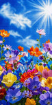 Bunte Blumenwiese unter strahlend blauem Himmel als Diamond Painting. Mock up