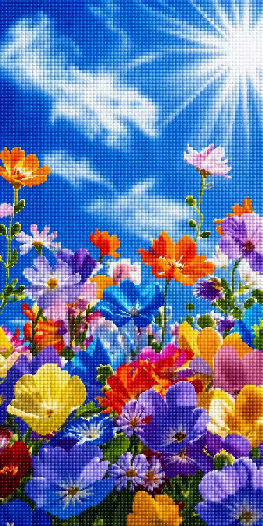 Bunte Blumenwiese unter strahlend blauem Himmel als Diamond Painting. Mock up