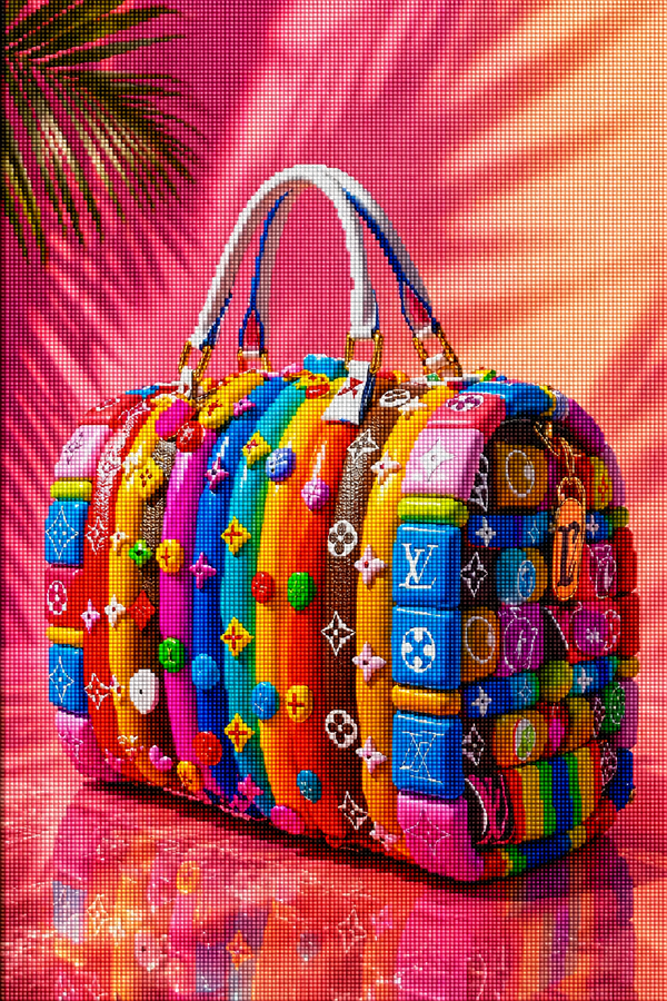 Diamond Painting mit bunter Handtasche, farbigen Streifen, Knöpfen und Symbolen vor pinkem Hintergrund Mockup