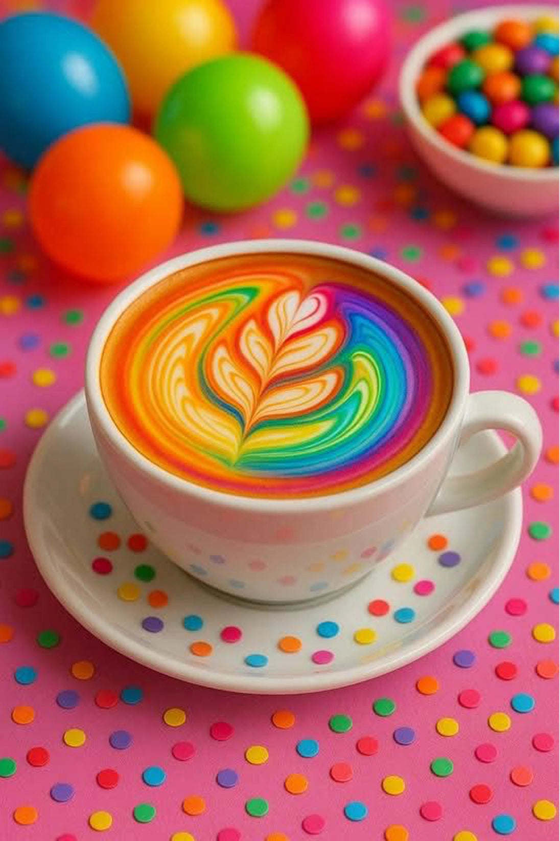 Bunte Kaffeetasse mit Regenbogen Latte Art als Diamond Painting.