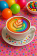 Bunte Kaffeetasse mit Regenbogen Latte Art als Diamond Painting.