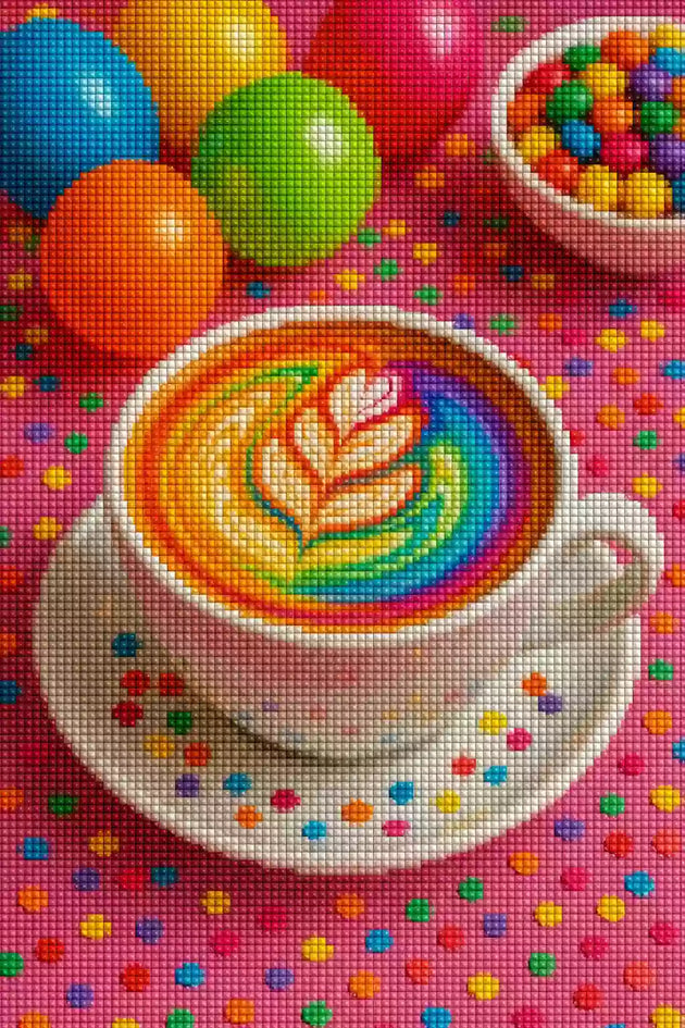 Bunte Kaffeetasse mit Regenbogen Latte Art als Diamond Painting. Mockup Pixelvorschau