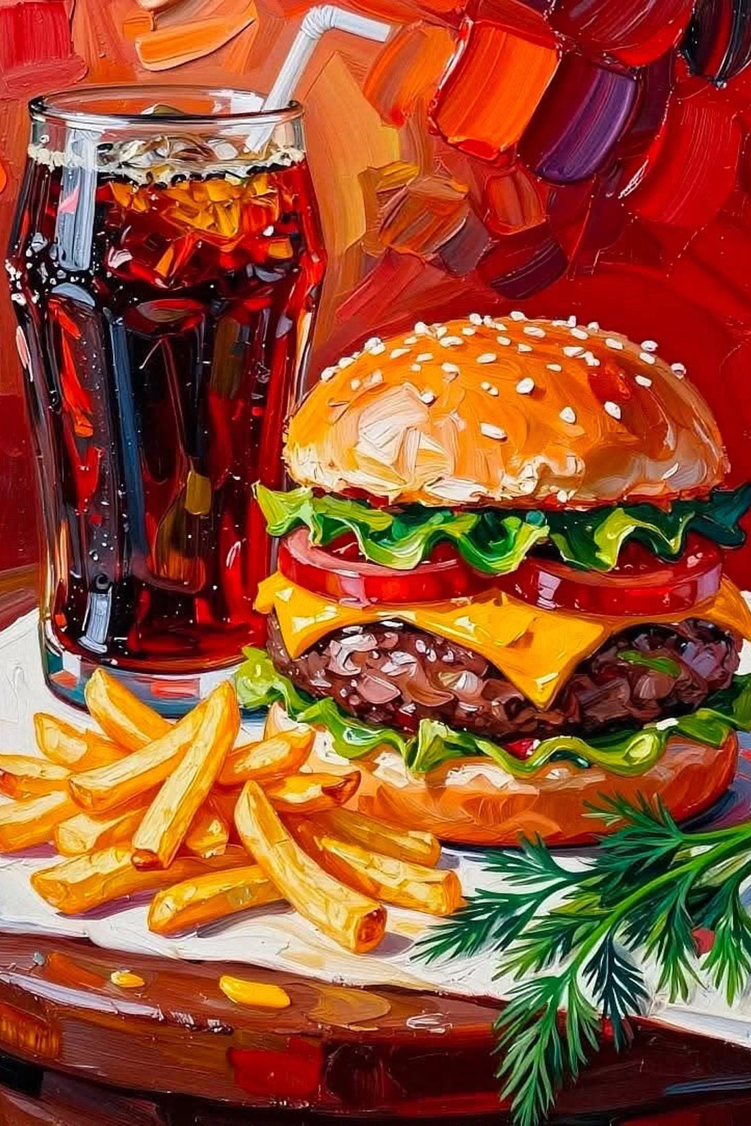 Diamond Painting mit Burger, Pommes und Cola in kräftigem gemaltem Stil