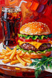 Diamond Painting mit Burger, Pommes und Cola in kräftigem gemaltem Stil