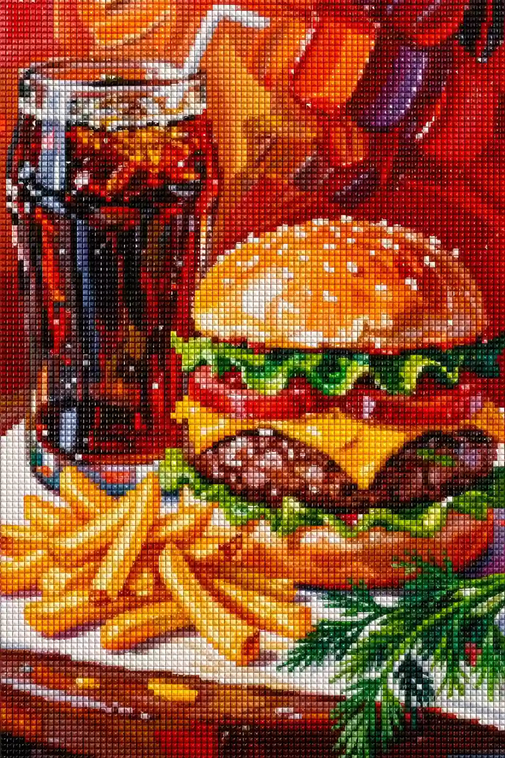 Diamond Painting mit Burger, Pommes und Cola in kräftigem gemaltem Stil, Mockup, Pixelvorschau