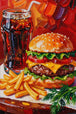 Diamond Painting mit Burger, Pommes und Cola in kräftigem gemaltem Stil, Mockup, Pixelvorschau
