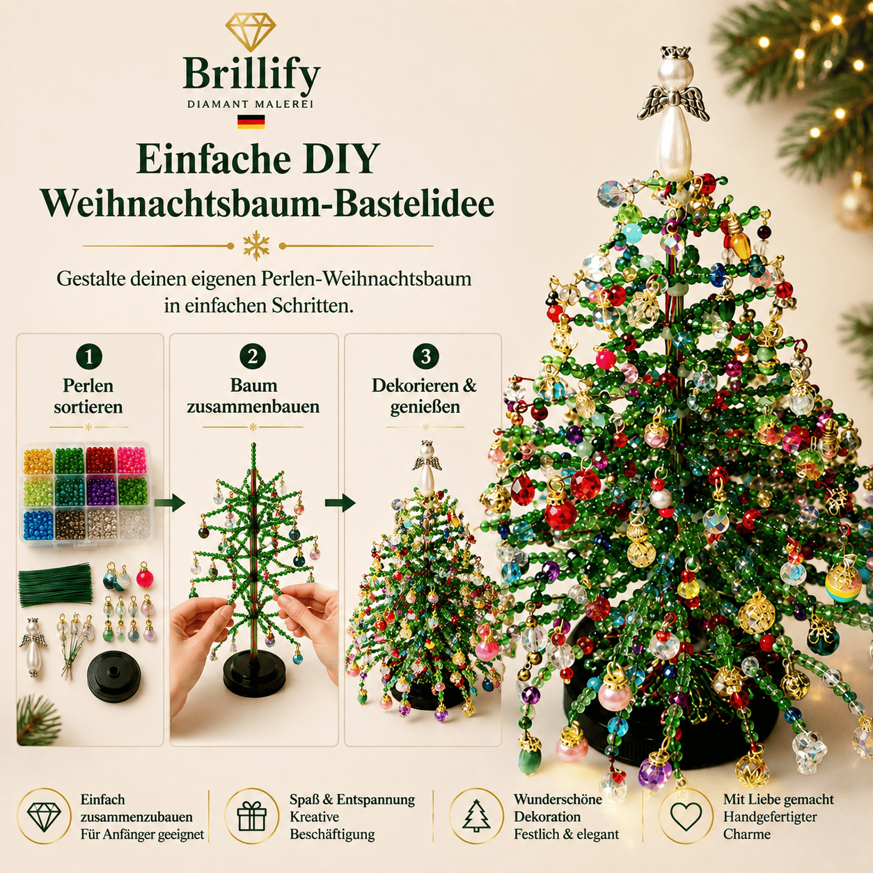 DIY Perlen-Weihnachtsbaum-Set, Kristall-Weihnachts-Bastelset für Erwachsene, Ornament-Charms, Tischdekoration, Entspannendes Projekt, Weihnachtsgeschenk schenken
