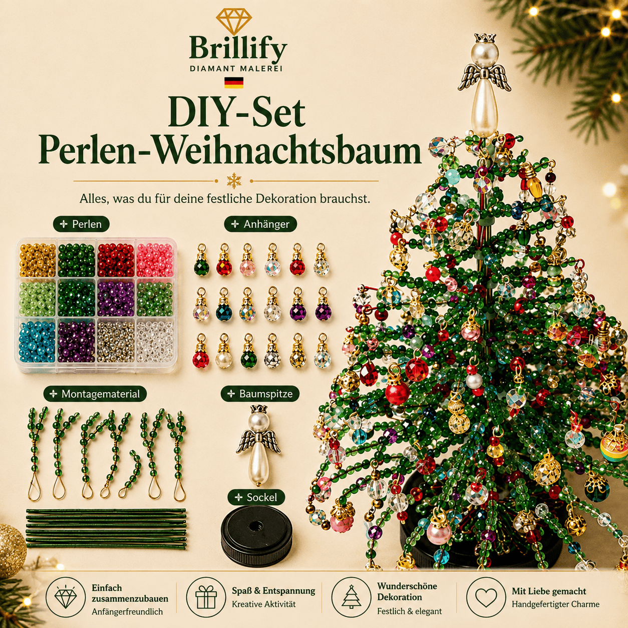 DIY Perlen-Weihnachtsbaum-Set, Kristall-Weihnachts-Bastelset für Erwachsene, Ornament-Charms, Tischdekoration, Entspannendes Projekt, Weihnachtsgeschenk Set