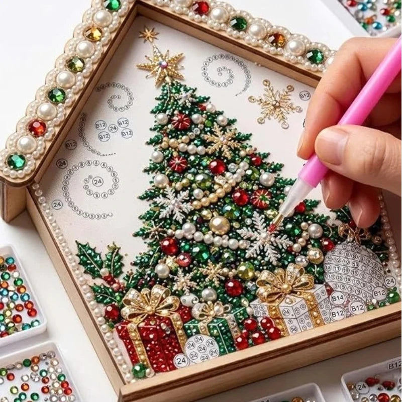 DIY Diamond Painting Weihnachtshäuschen aus Holz mit Perlen und Weihnachtsbaum