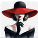 Diamond Painting mit Dame, breitem rotem Hut, schwarzem Kleid, Handschuh und Finger vor den Lippen