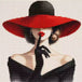 Diamond Painting mit Dame, breitem rotem Hut, schwarzem Kleid, Handschuh und Finger vor den Lippen, Mockup, Pixelvorschau