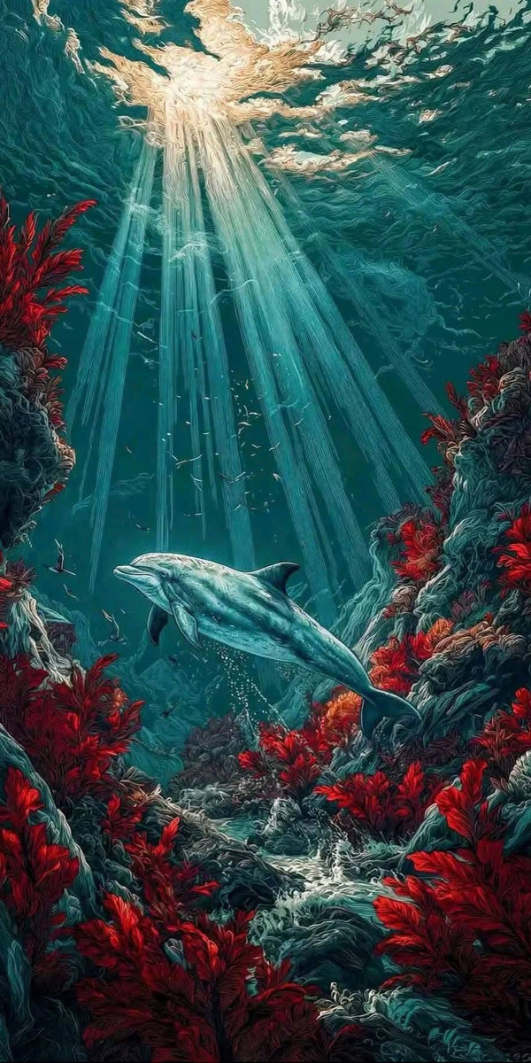 Diamond Painting mit Delfin, roten Korallen, dunklen Felsen, Fischschwarm und Sonnenstrahlen unter Wasser