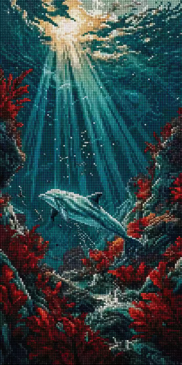Diamond Painting mit Delfin, roten Korallen, dunklen Felsen, Fischschwarm und Sonnenstrahlen unter Wasser Mockup Pixelvorschau