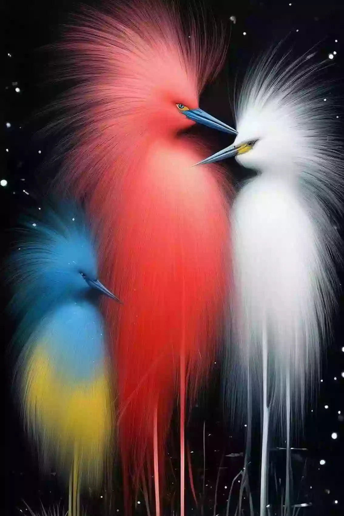 Diamond Painting dreier Voegel mit leuchtendem Gefieder.