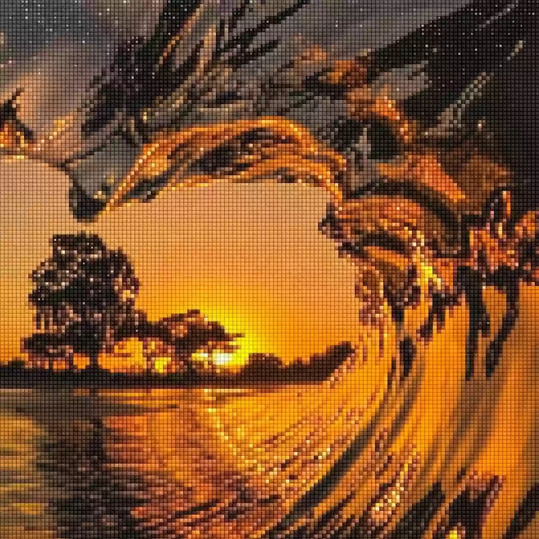 Diamond Painting mit Drachenwelle, orangefarbenem Sonnenuntergang, Wasser und dunklen Bäumen, Mockup, Pixelvorschau