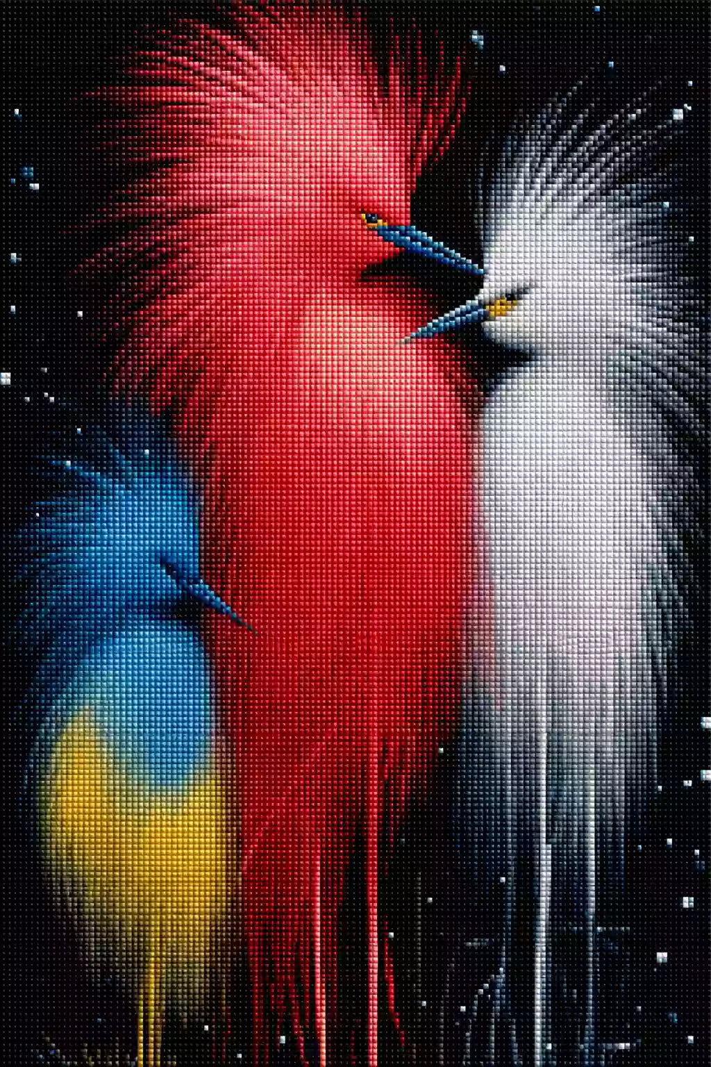 Diamond Painting dreier Voegel mit leuchtendem Gefieder Mock up