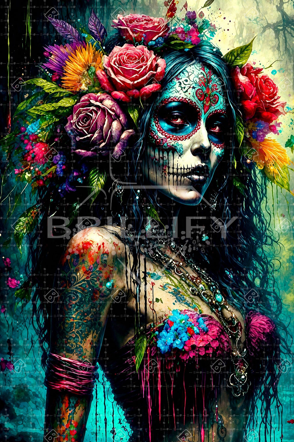 Eine elegant geschminkte Frau als La Catrina mit großen roten Rosen im Haar als Diamond Painting Motiv. Mockup
