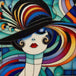 Diamond Painting mit stilisierter Dame, schwarzem Hut, roten Lippen und bunten Farbwirbeln, Mockup, Pixelvorschau