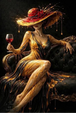 Elegante Frau mit rotem Hut und Weinglas als Diamond Painting im Glamourstil.