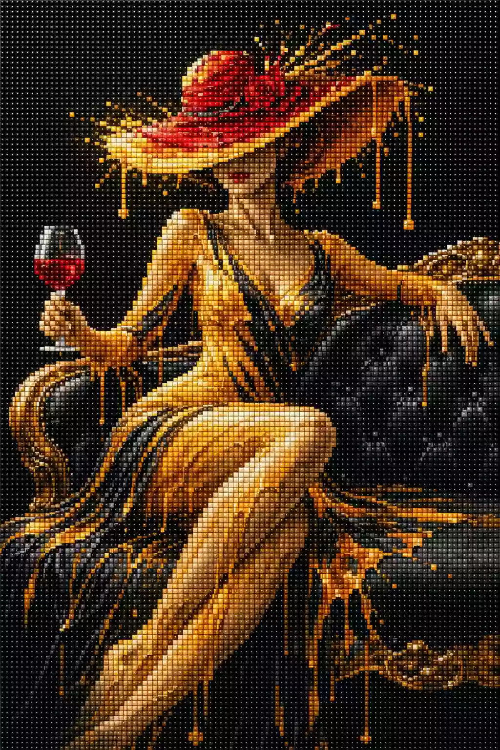 Elegante Frau mit rotem Hut und Weinglas als Diamond Painting im Glamourstil. Mockup Pixelvorschau