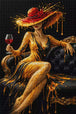 Elegante Frau mit rotem Hut und Weinglas als Diamond Painting im Glamourstil. Mockup Pixelvorschau