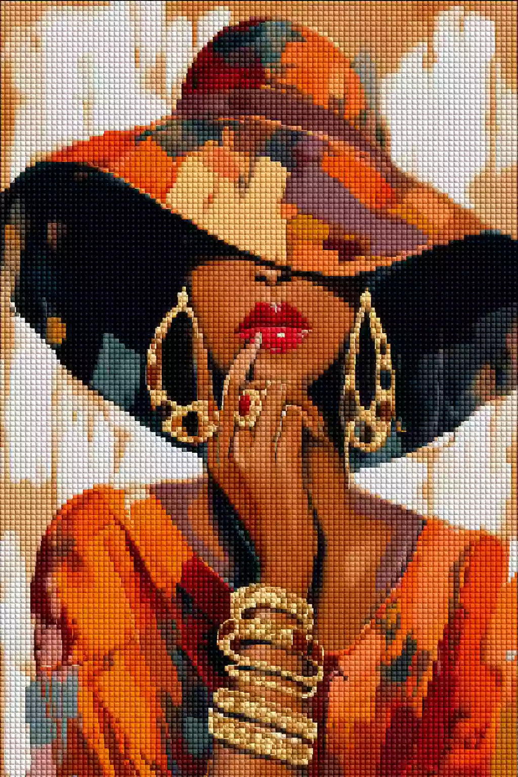 Elegante Frau mit großem Hut und Goldschmuck als Diamond Painting. Mockup Pixelvorschau