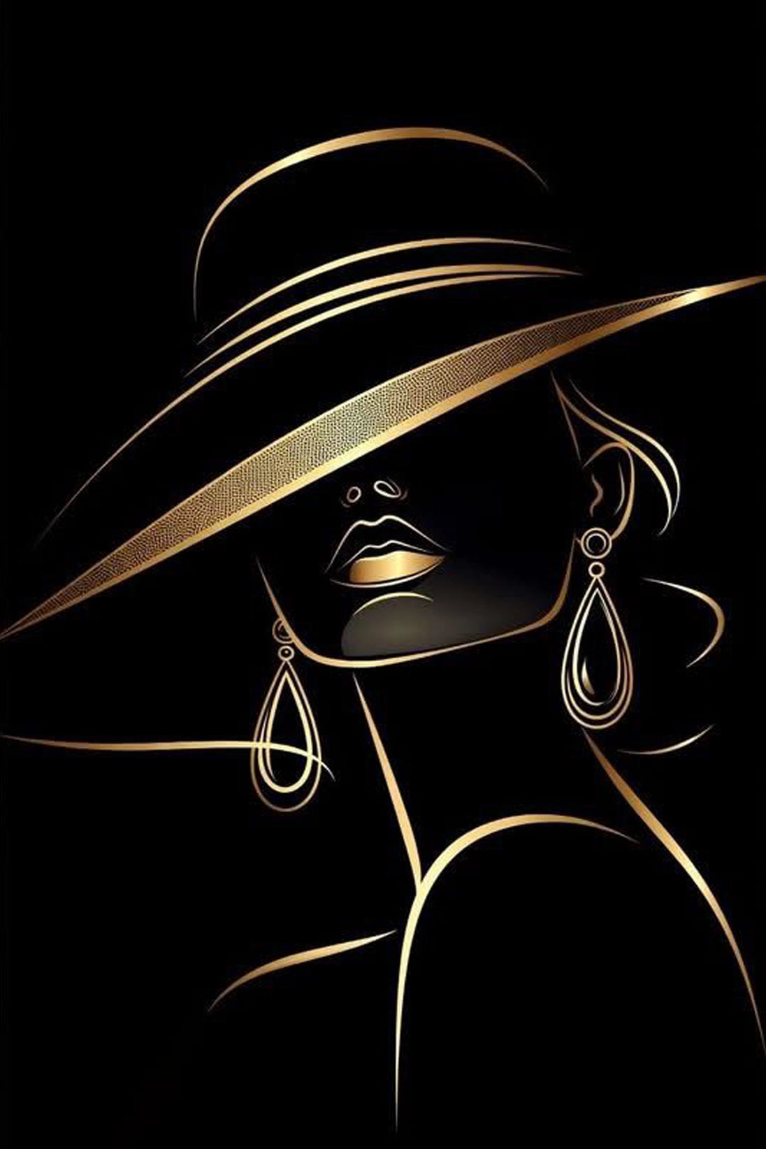 Minimalistische Frau mit Hut und goldenen Linien als Diamond Painting auf schwarzem Hintergrund.